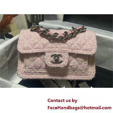 Chanel Tweed & Silver-Tone Metal Pink & Light Beige Mini Flap Bag AS4051 2023